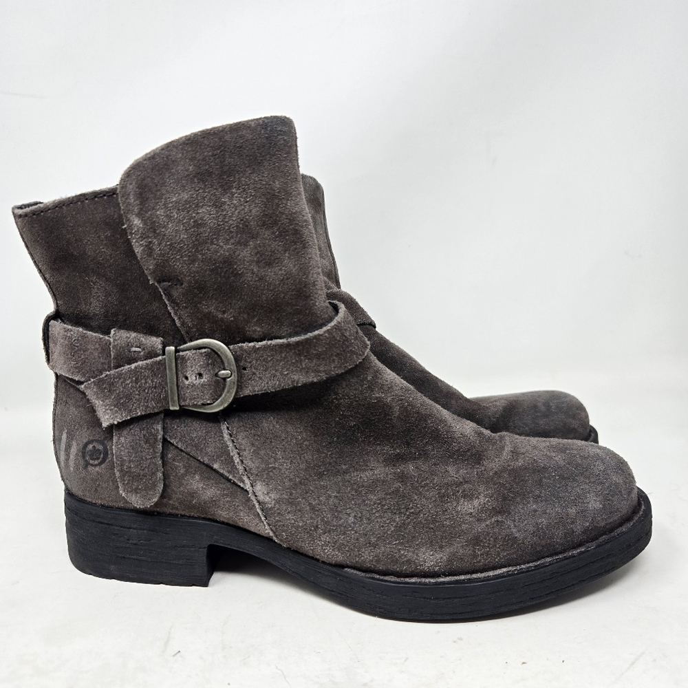 BORN Boots Syd Womens 6.5 Grey Suede Leather Buckle Boho Moto‎ Preppy